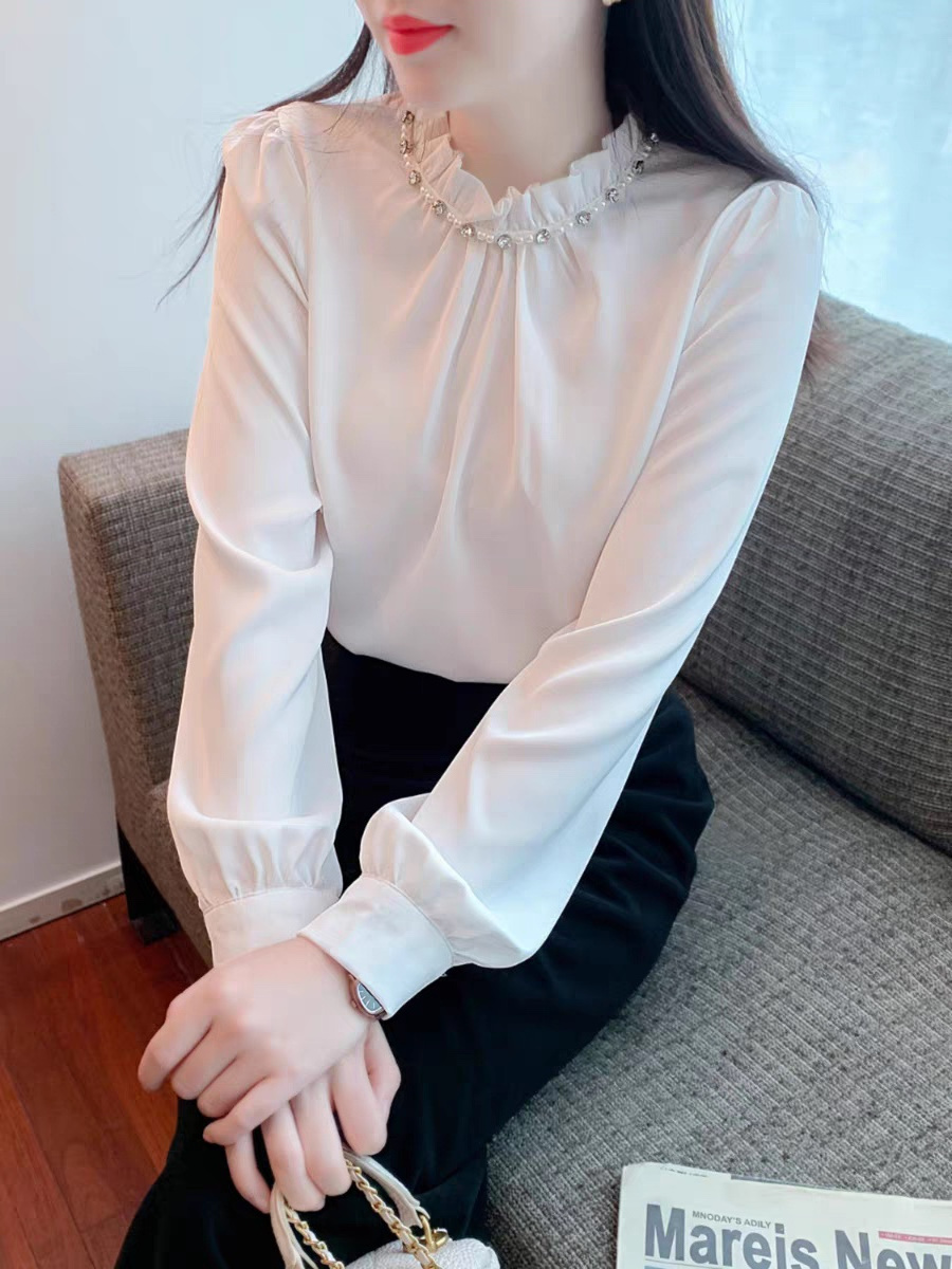 Diamond stand collar satin loose shirt women's spring and autumn temperament OL silk bottoming shirt top