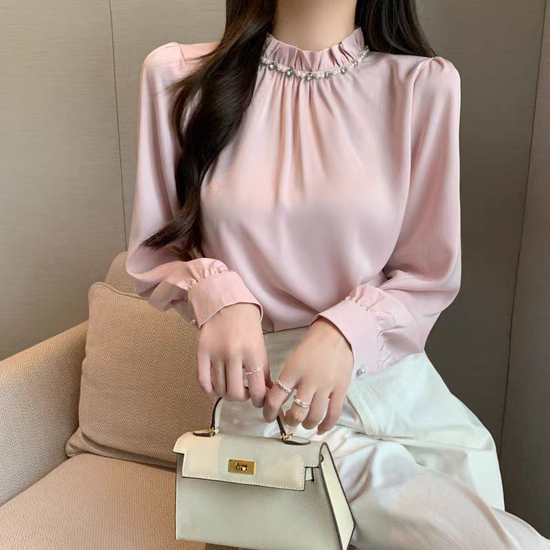 Diamond stand collar satin loose shirt women's spring and autumn temperament OL silk bottoming shirt top