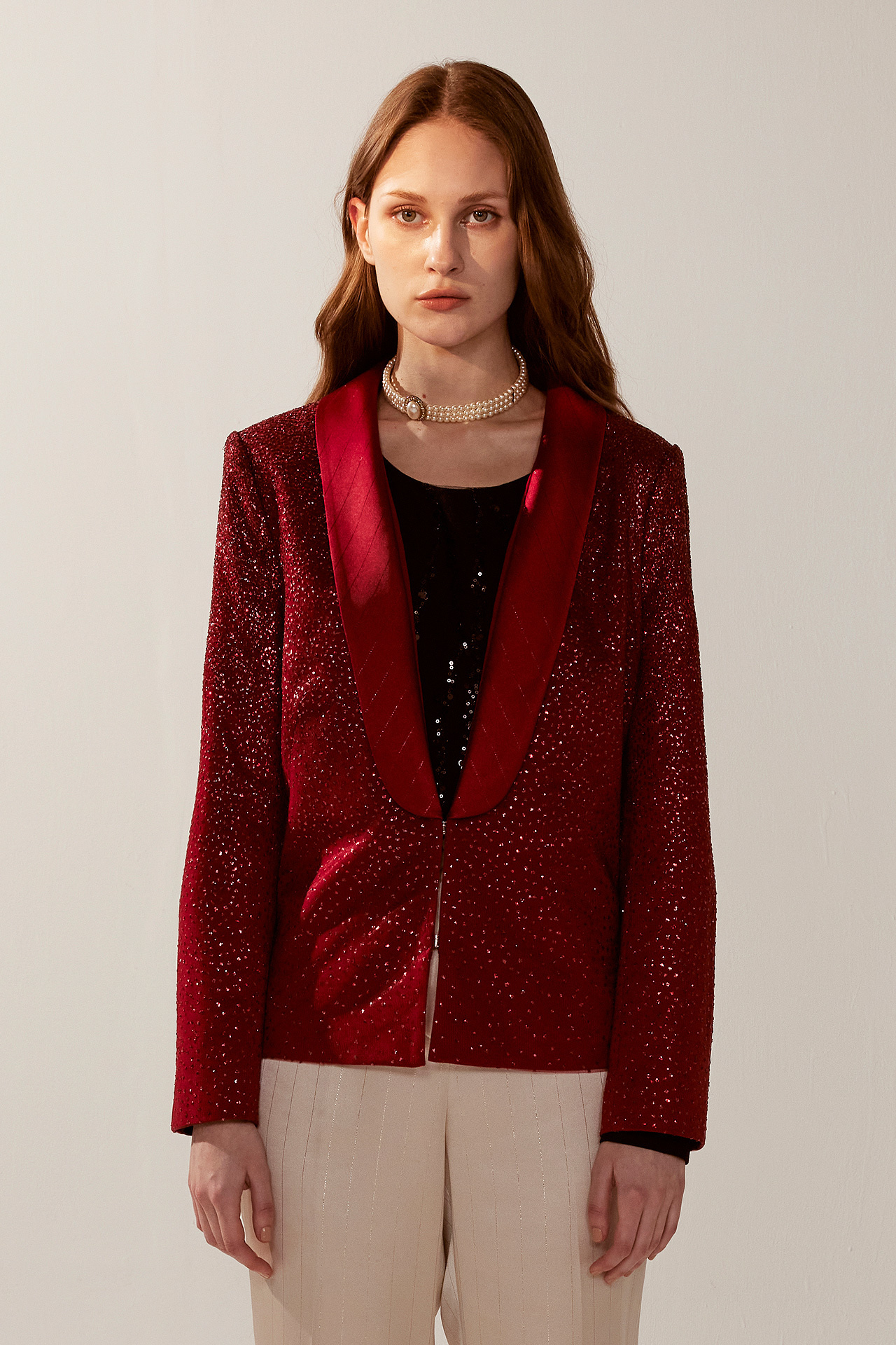 Stylish red sequined mesh slim fit blazer