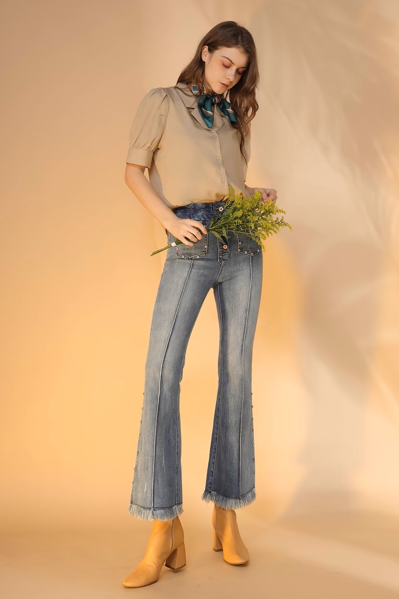 Denim Flare Pants with Stud Embellishments and Fringed Hem