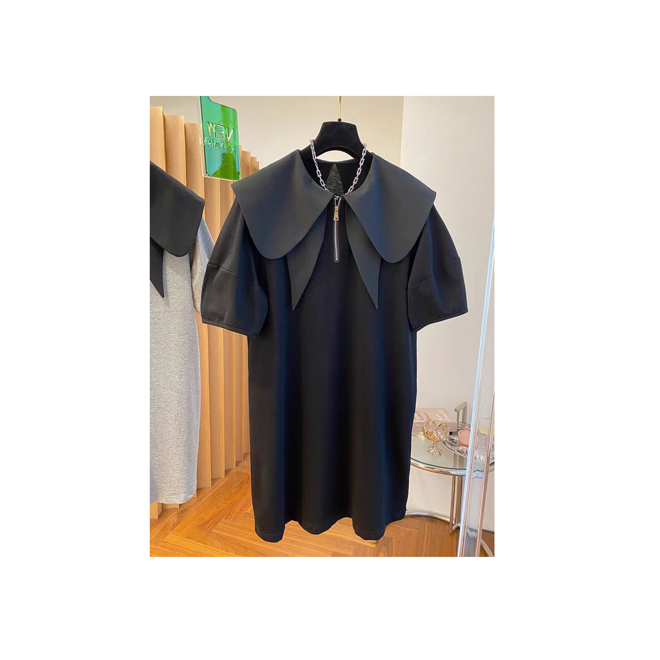 2024 Summer Black Ruffle Collar Loose Slimming Short Sleeve Women's Mid-length Top Blouse