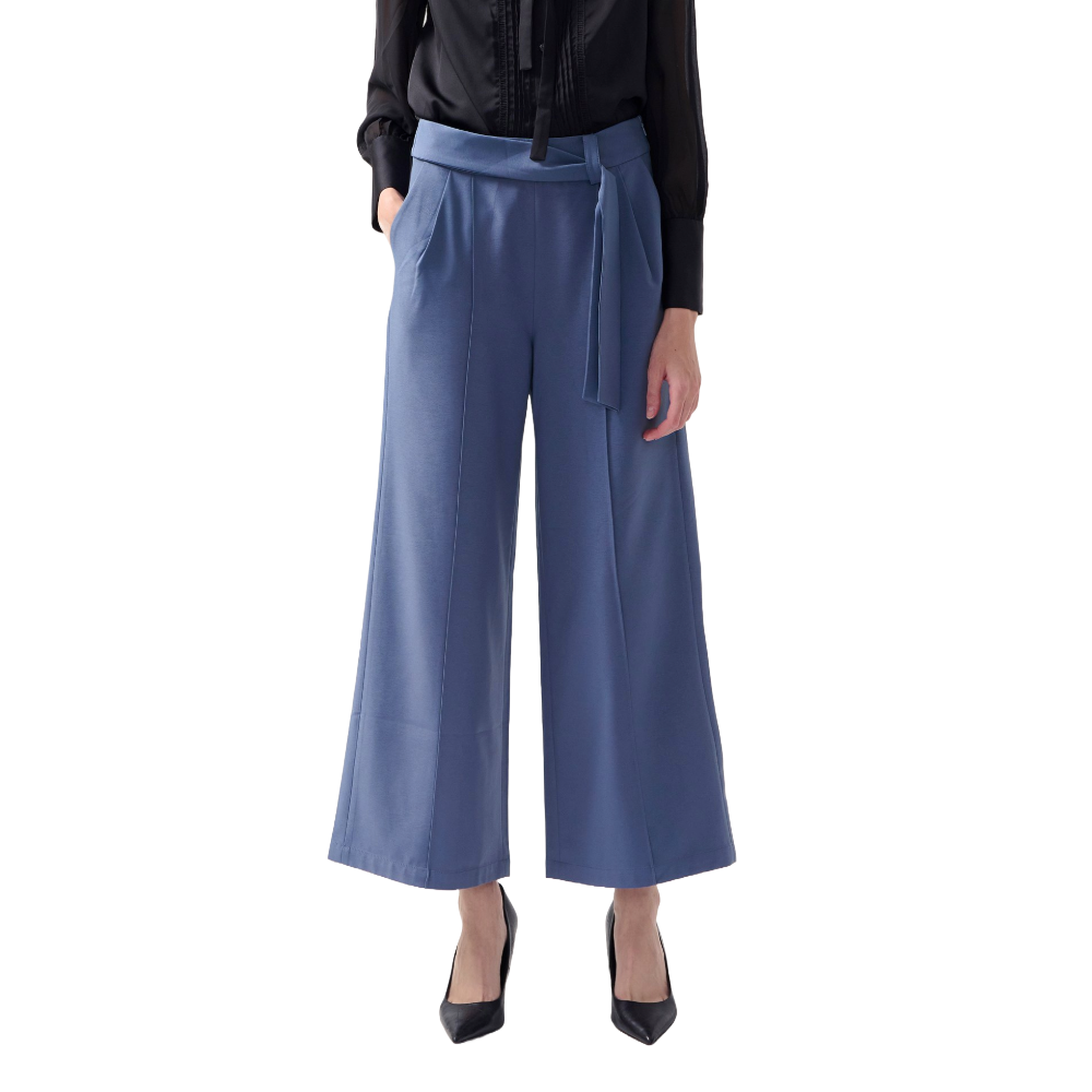 Stylish and Versatile Wide Leg Pants Women Elegant Belt in Blue