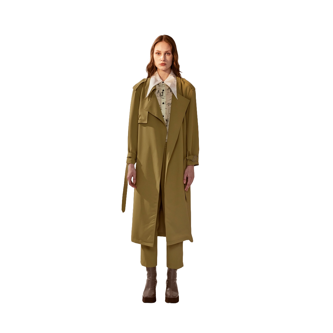 Neutral style army green loose long windbreaker trench coat (with belt)