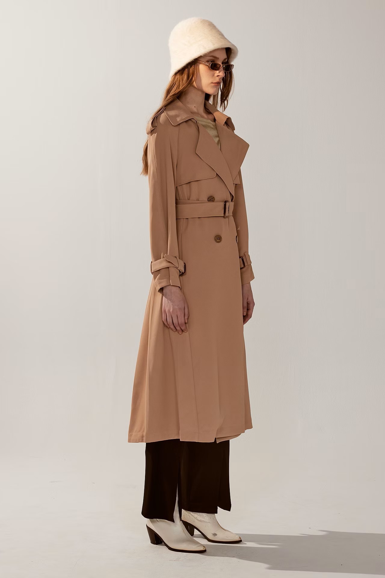 Timeless French Long Trench Coat with Waistband in Brown