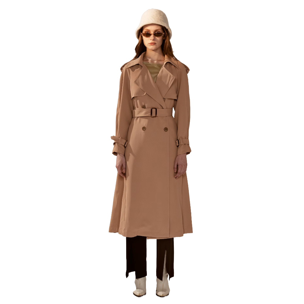 Timeless French Long Trench Coat with Waistband in Brown