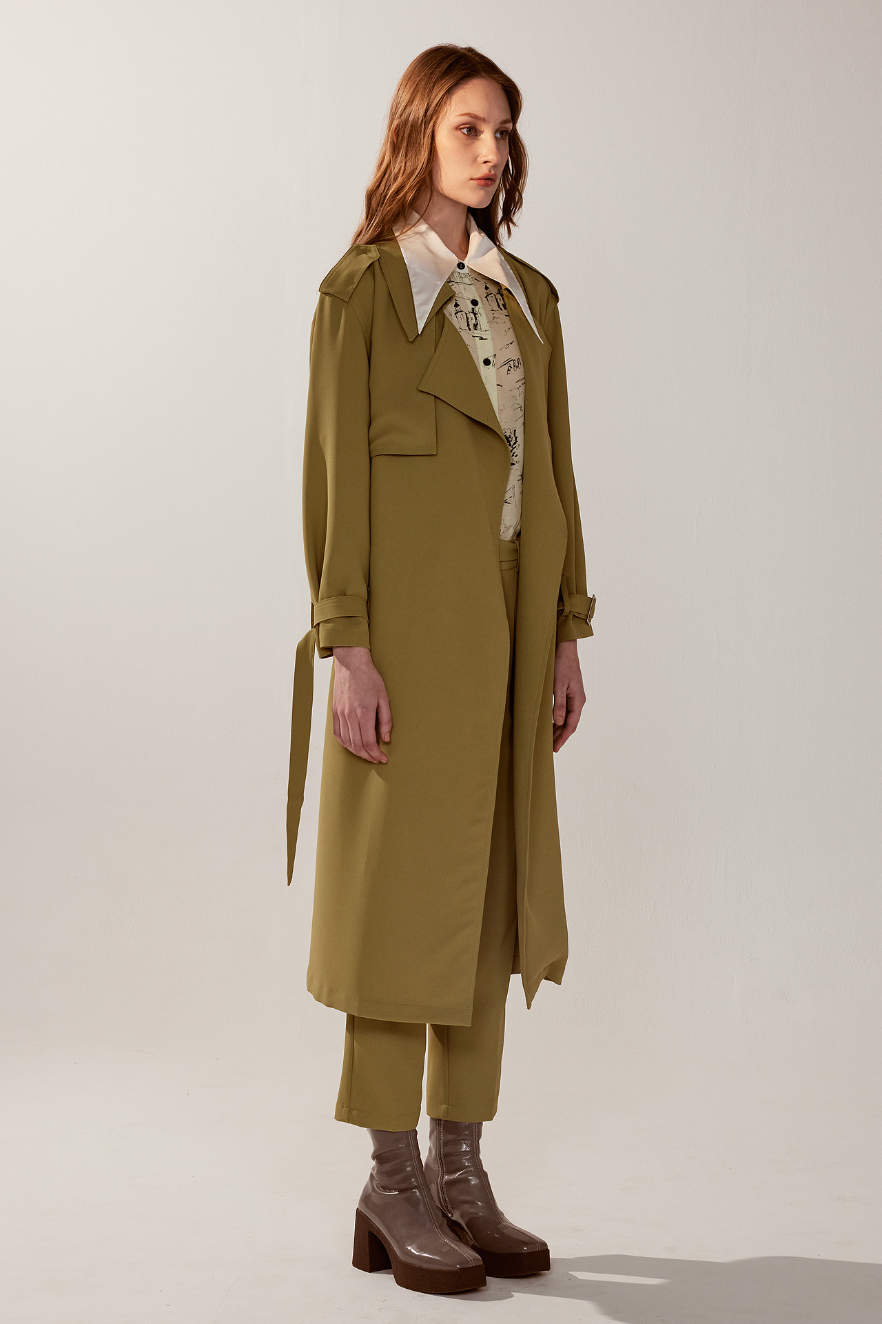 Neutral style army green loose long windbreaker trench coat (with belt)