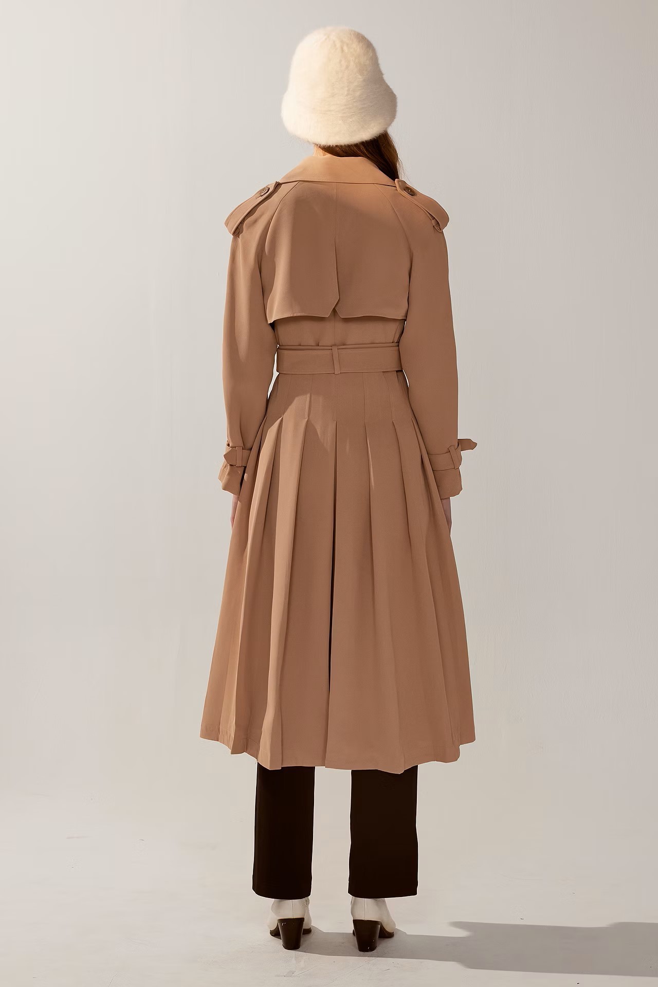 Timeless French Long Trench Coat with Waistband in Brown