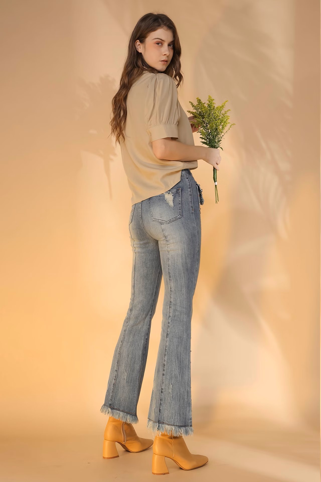 Denim Flare Pants with Stud Embellishments and Fringed Hem