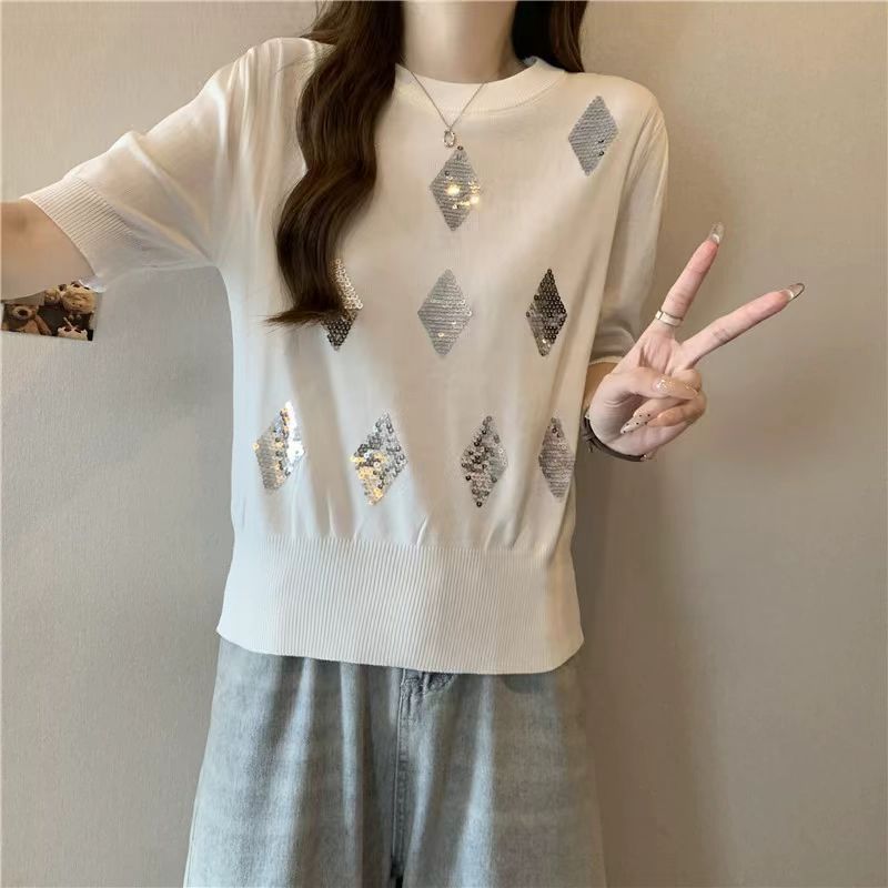 2024 summer new style diamond-ironing short-sleeved ice silk knitted T-shirt women loose half-sleeved top