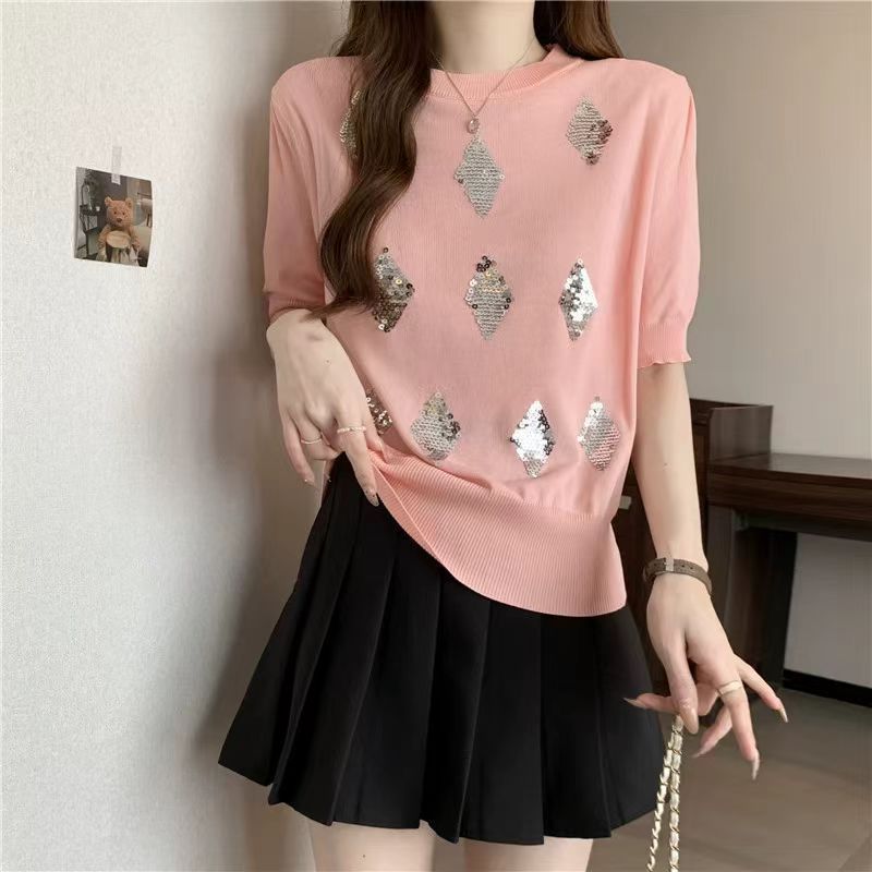 2024 summer new style diamond-ironing short-sleeved ice silk knitted T-shirt women loose half-sleeved top