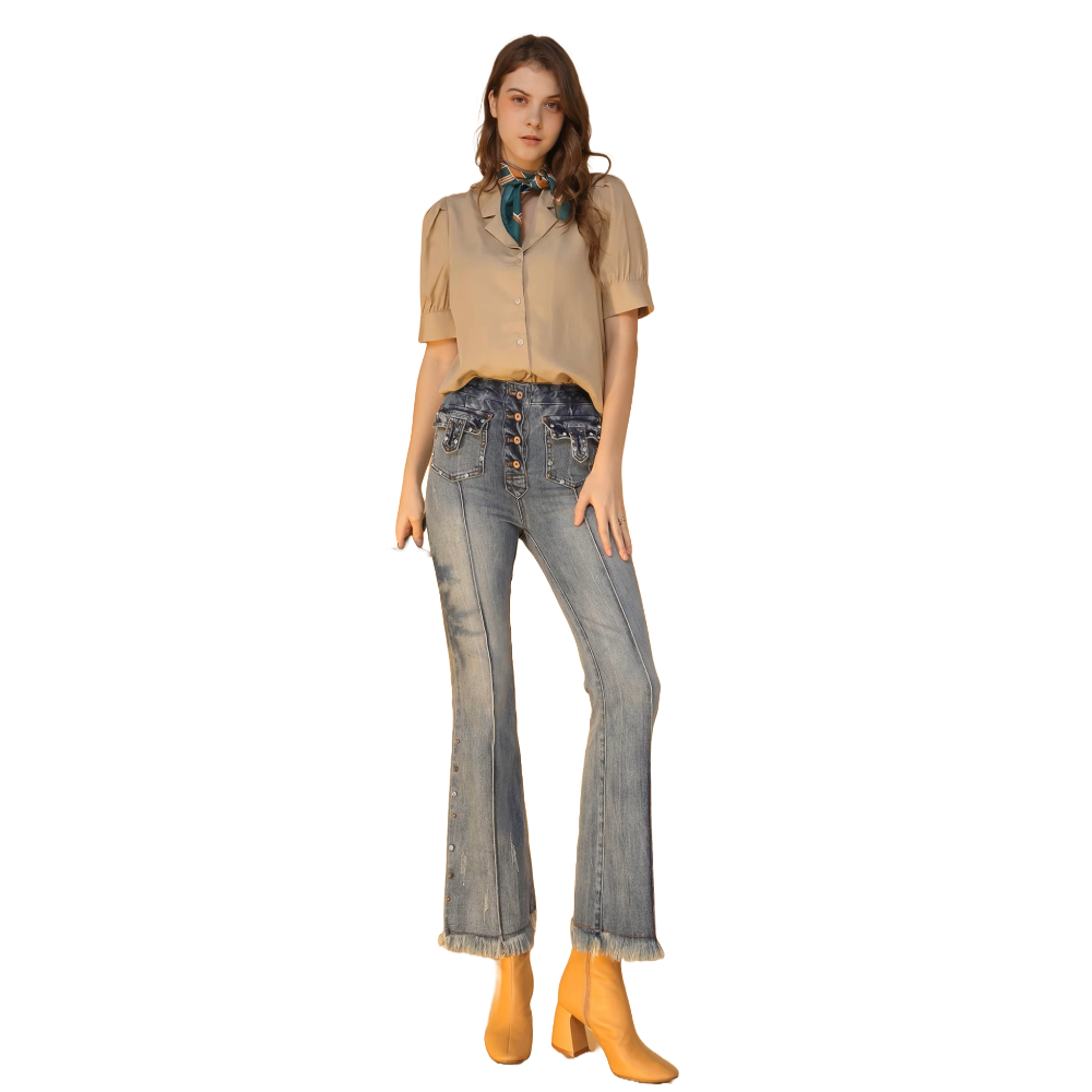 Denim Flare Pants with Stud Embellishments and Fringed Hem