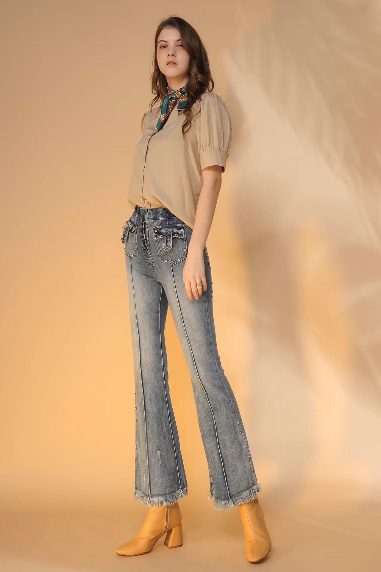 Denim Flare Pants with Stud Embellishments and Fringed Hem