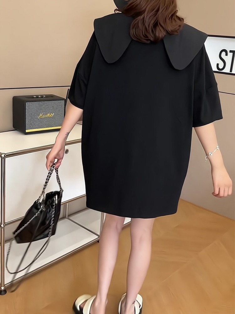 2024 Summer Black Ruffle Collar Loose Slimming Short Sleeve Women's Mid-length Top Blouse