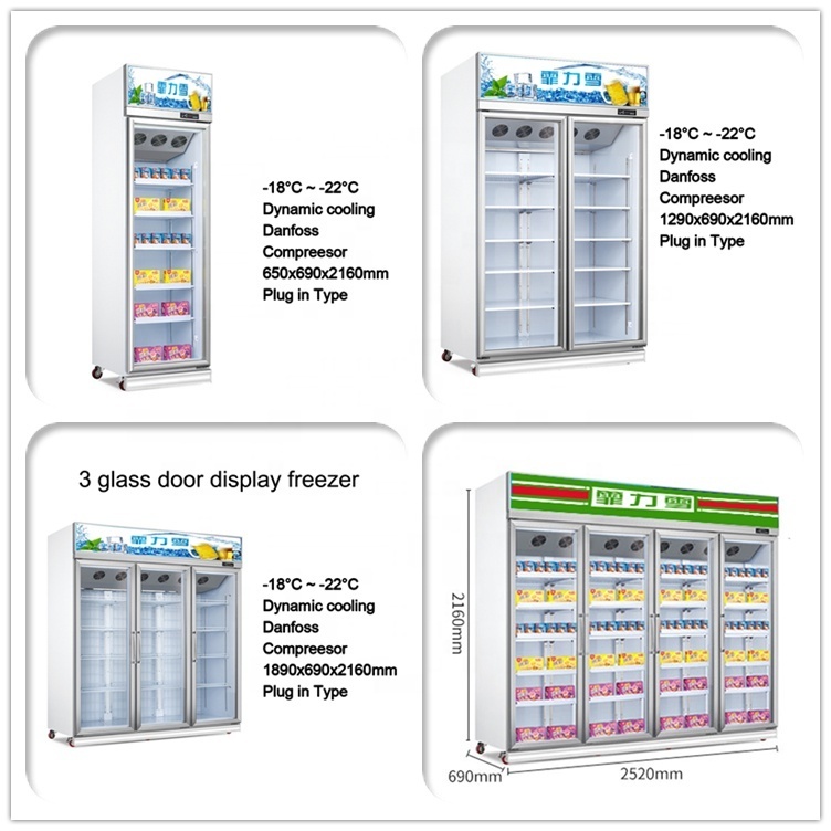 -22 degree used commercial supermarket upright 4 glass door display freezer