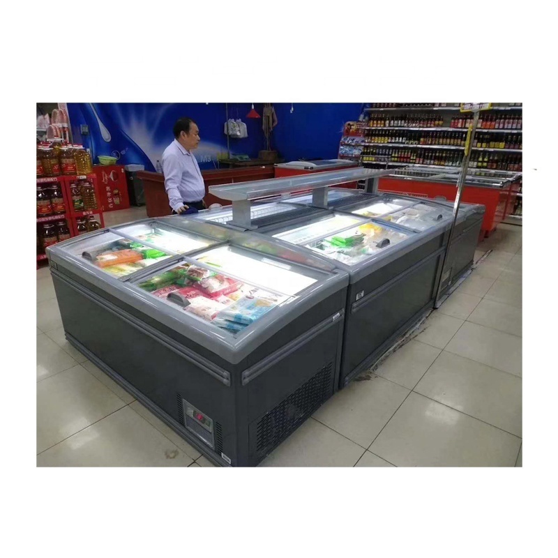 2 m commercial seafood island horizontal plate display deep freezer for supermarket