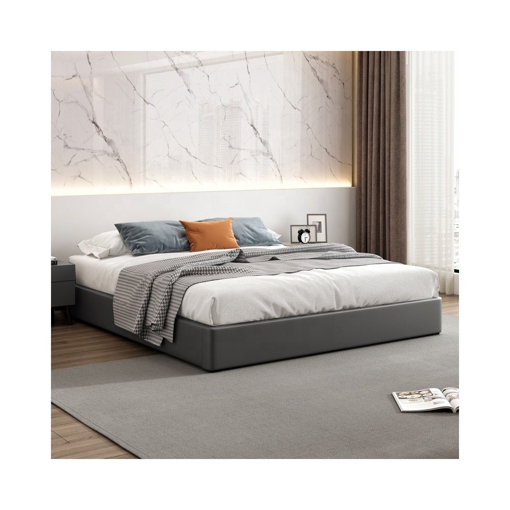 Modern Hotel Beds No Headboard King Queen Size Double Synthetic Leather Grey Bed