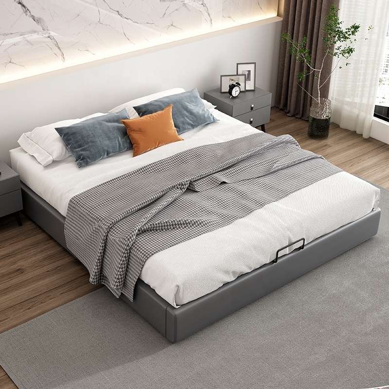 Modern Hotel Beds No Headboard King Queen Size Double Synthetic Leather Grey Bed