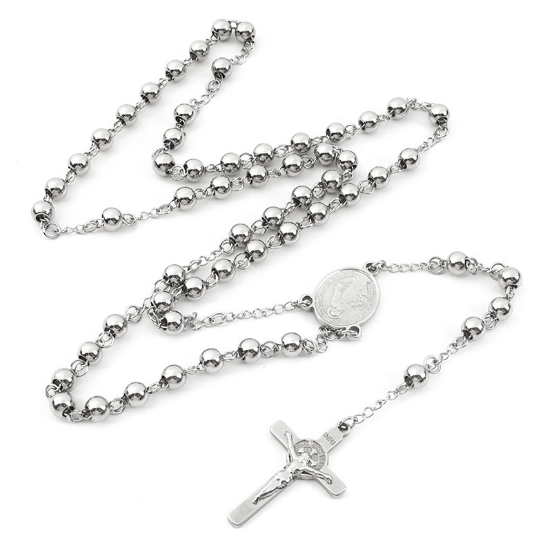 Men's Women's 4mm Stainless Steel Beads Jesus Christ Crucifix Catholic Rosary Beads Cross Rosary Pendant Necklace