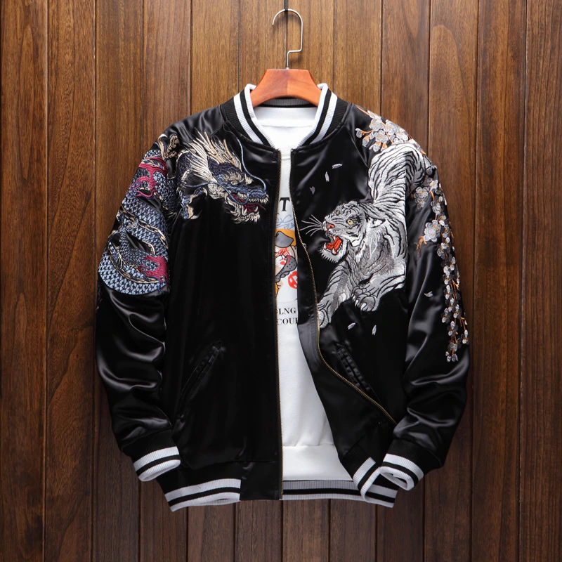 wholesale Men's bomber jackets Four Legendary creatures Phoenix Satin Jacket Souvenir Luxury Bomber Jacket For Men