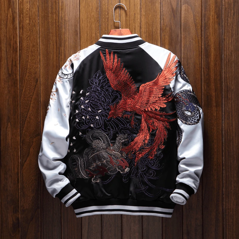 wholesale Men's bomber jackets Four Legendary creatures Phoenix Satin Jacket Souvenir Luxury Bomber Jacket For Men