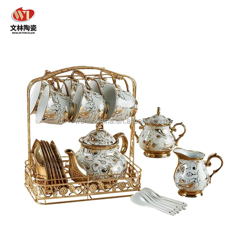 WENLIN factory wholesale price 13pcs ceramic tea set 220ml tea cup 1L teapot with metal stand new bone china for drinkware