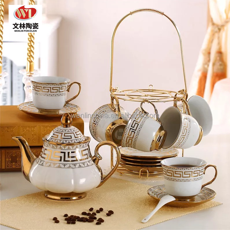 WENLIN factory wholesale price 13pcs ceramic tea set 220ml tea cup 1L teapot with metal stand new bone china for drinkware