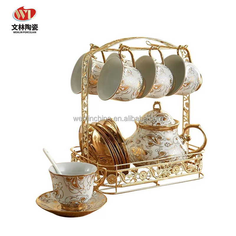 WENLIN factory wholesale price 13pcs ceramic tea set 220ml tea cup 1L teapot with metal stand new bone china for drinkware