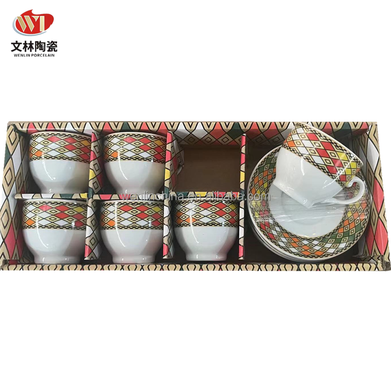 Wenlin factory Ceramic 90ml Cup and Saucer Fine porcelain Traditional Ethiopian Flag Design for drinking ware