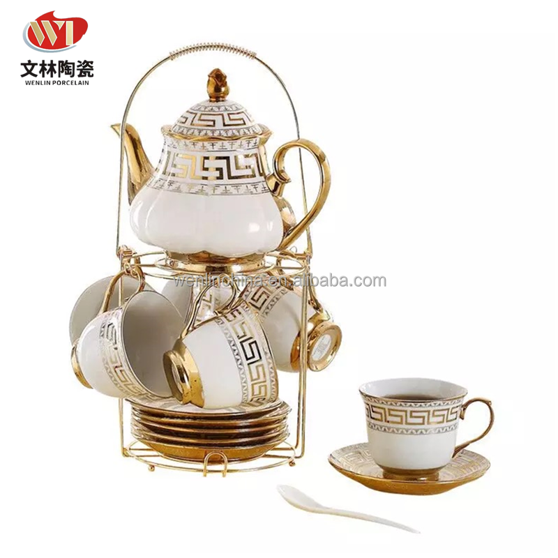 WENLIN factory wholesale price 13pcs ceramic tea set 220ml tea cup 1L teapot with metal stand new bone china for drinkware