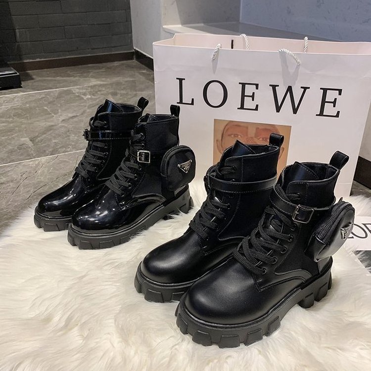 New Purse Pocket Black Ankle Boots Women's Platform Leather British Wind Gear Sole Ankle Boots