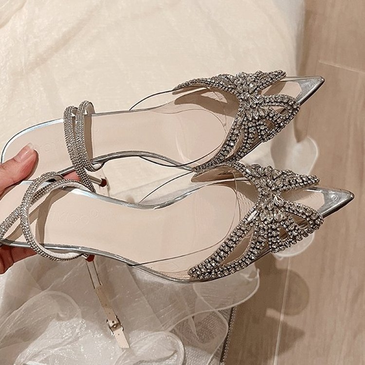 Crystal Butterfly-knot Pointed Toe Women Pumps Sexy PVC Transparent Stiletto High Heels Party Prom Mules Female Shoes