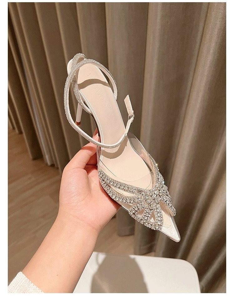 Crystal Butterfly-knot Pointed Toe Women Pumps Sexy PVC Transparent Stiletto High Heels Party Prom Mules Female Shoes