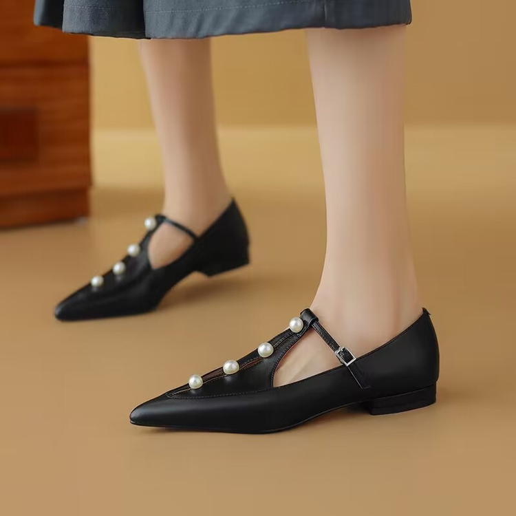 Customized Women Pearl Flat Shoes Pointed Toe Shoes Women Mary Jane Leather Flats Women