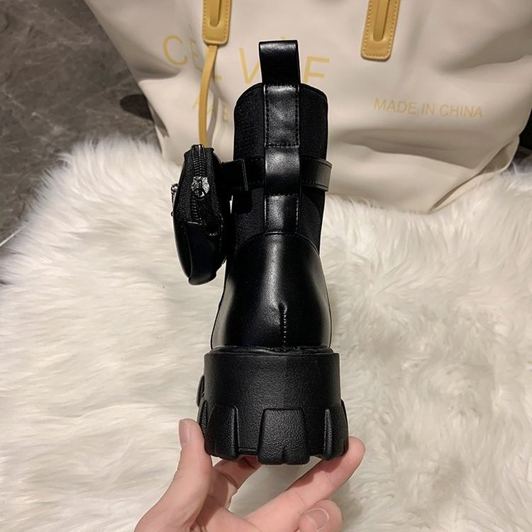 New Purse Pocket Black Ankle Boots Women's Platform Leather British Wind Gear Sole Ankle Boots