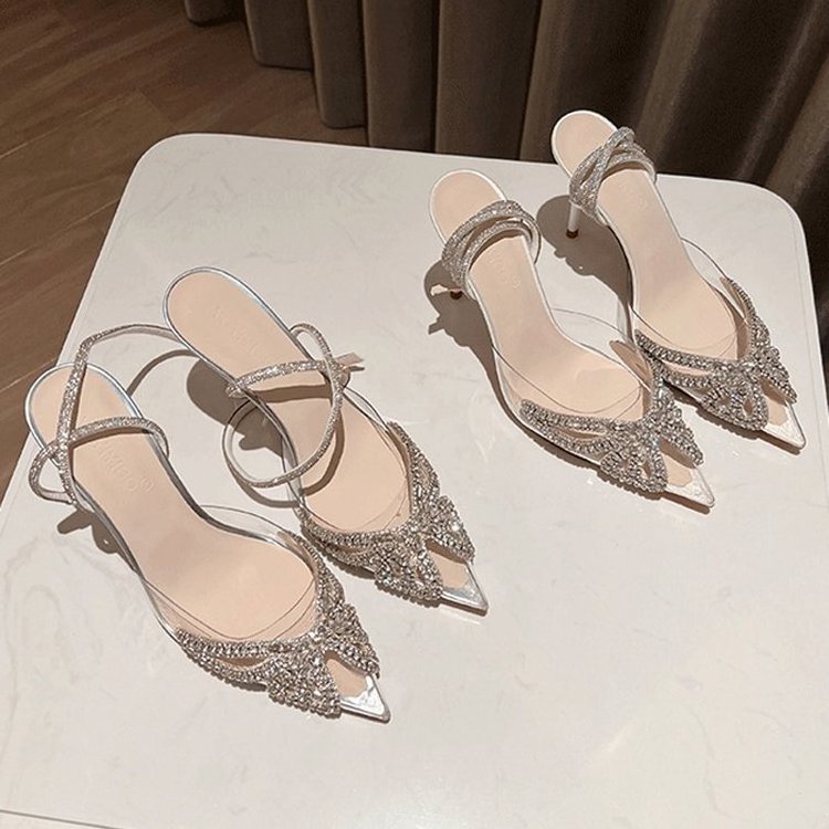 Crystal Butterfly-knot Pointed Toe Women Pumps Sexy PVC Transparent Stiletto High Heels Party Prom Mules Female Shoes