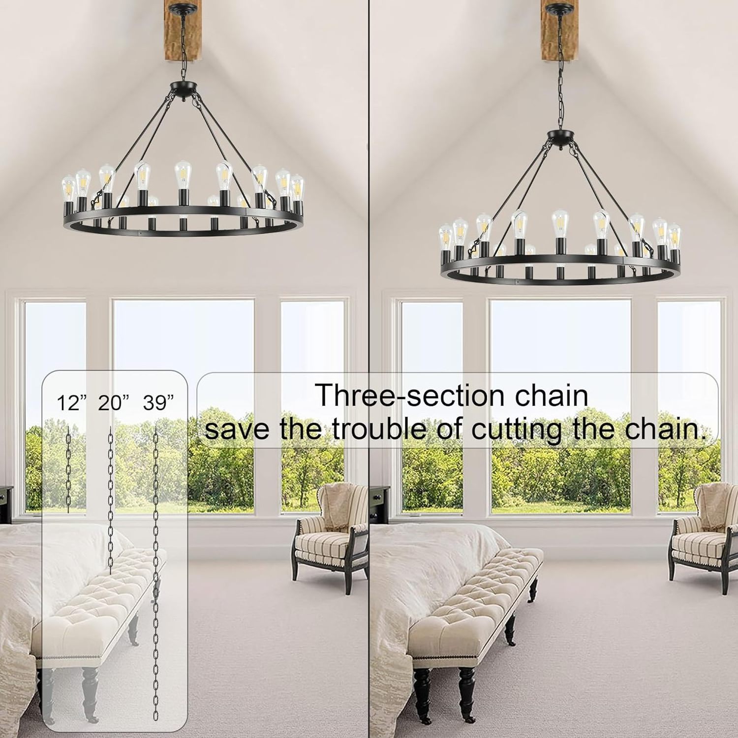 Modern Farmhouse Candle Style Wagon Wheel Round Black Finished Chandelier Kitchen Island Light Fixtures