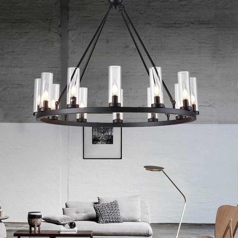 Farmhouse industrial lighting ravelle linear chandelier modern vintage round Blown Glass candelabra black Chandelier lighting