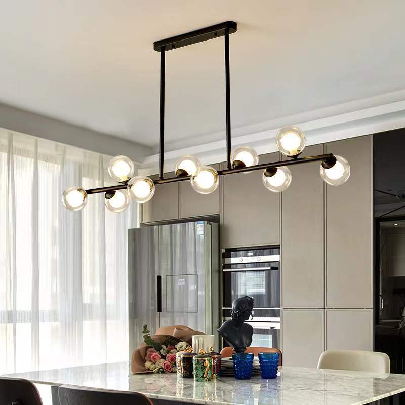 Gold Modern Chandelier Island Light Fixtures,6-Lights Milk Glass Globes Linear Hanging Pendant Lighting for Kitchen Island