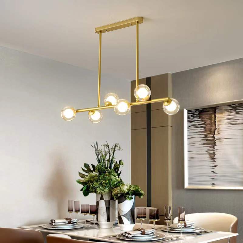 Gold Modern Chandelier Island Light Fixtures,6-Lights Milk Glass Globes Linear Hanging Pendant Lighting for Kitchen Island