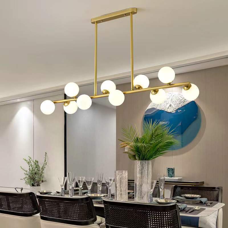 Gold Modern Chandelier Island Light Fixtures,6-Lights Milk Glass Globes Linear Hanging Pendant Lighting for Kitchen Island