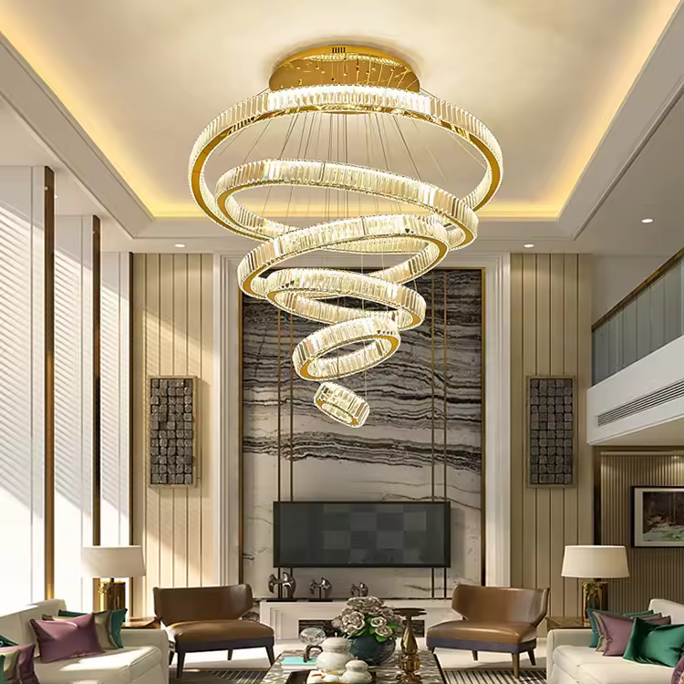 Modern large Ring pendant light Long stair luxury Decoration k9 crystal led Chandelier for living room home villa high ceiling