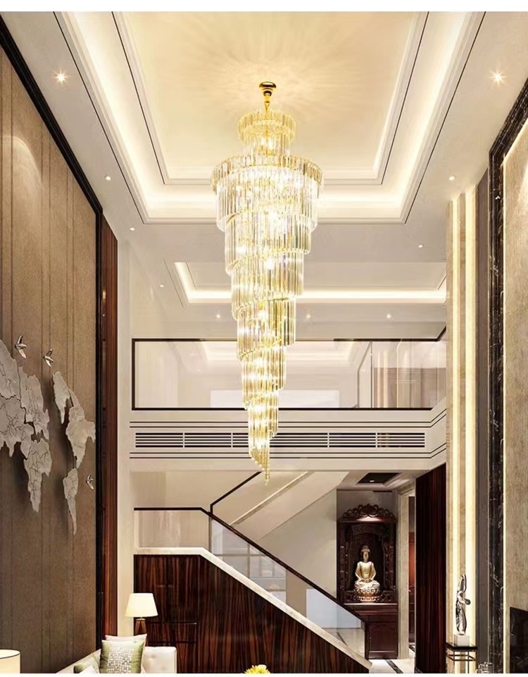 Modern Luxury Indoor Gold Large Round Stairwell Stair Lighting Crystal Chandeliers Pendant Lights For Hotel Lobby Staircase