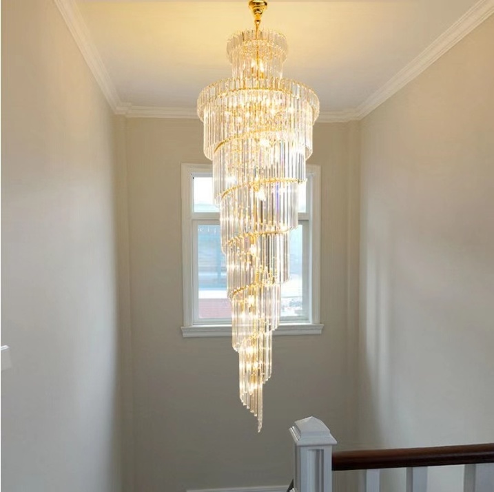 Modern Luxury Indoor Gold Large Round Stairwell Stair Lighting Crystal Chandeliers Pendant Lights For Hotel Lobby Staircase