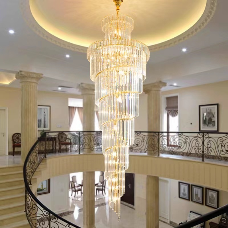 Modern Luxury Indoor Gold Large Round Stairwell Stair Lighting Crystal Chandeliers Pendant Lights For Hotel Lobby Staircase