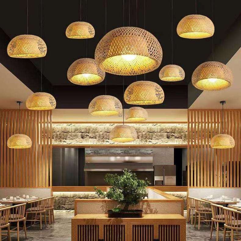 Round Wooden Lampshade Height Adjustable Ceiling Light For Bedroom E27 Retro Pendant Light Bamboo Rattan Hand Woven Chandelier