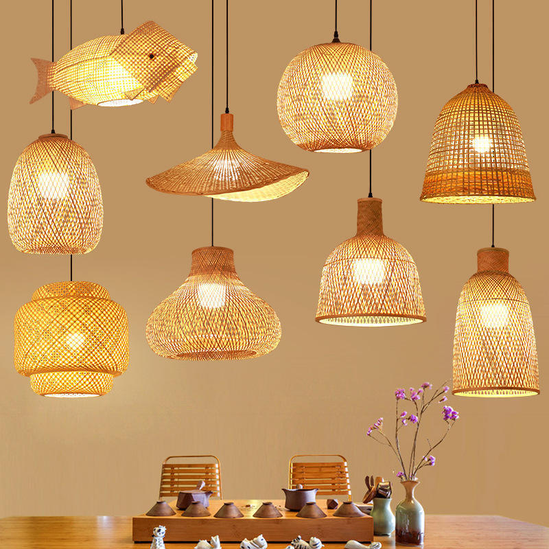 Round Wooden Lampshade Height Adjustable Ceiling Light For Bedroom E27 Retro Pendant Light Bamboo Rattan Hand Woven Chandelier