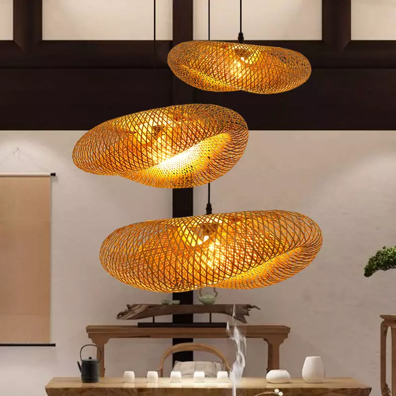 Round Wooden Lampshade Height Adjustable Ceiling Light For Bedroom E27 Retro Pendant Light Bamboo Rattan Hand Woven Chandelier