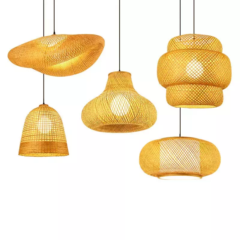 Round Wooden Lampshade Height Adjustable Ceiling Light For Bedroom E27 Retro Pendant Light Bamboo Rattan Hand Woven Chandelier