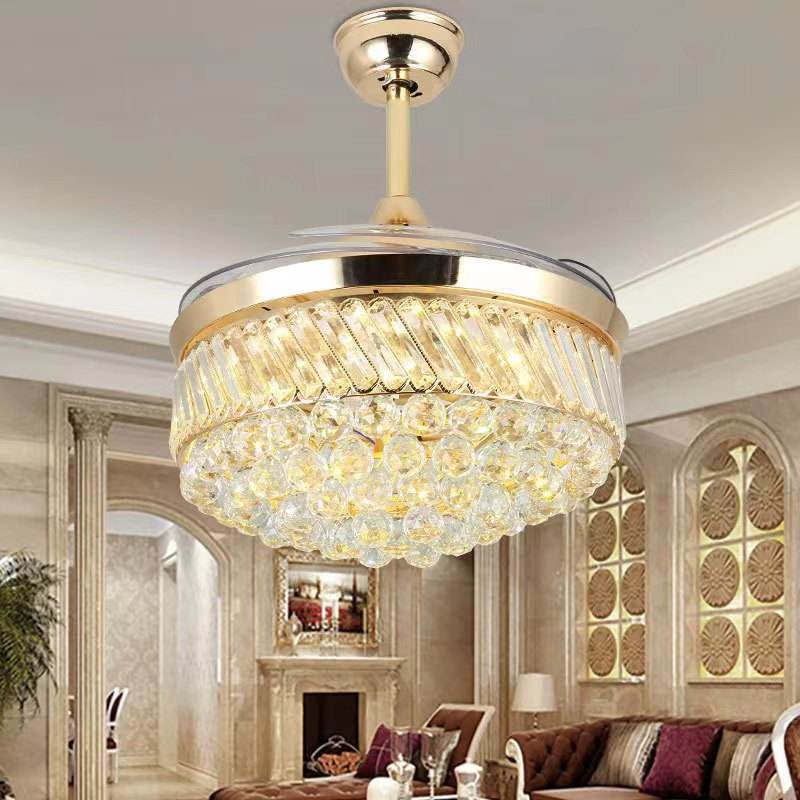 Gold 220v Decorative Modern With Remote Control Led Hidden Blades Crystal Ceiling Fan With Light Kit