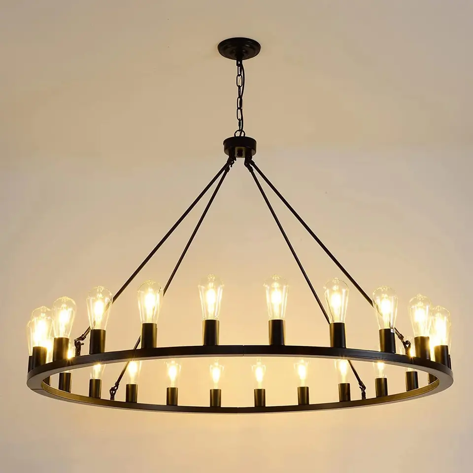 8-light Farmhouse Chandeliers For Dining Room,30 Inch Rustic Wagon Wheel Chandelier With Seeded Glass Shade